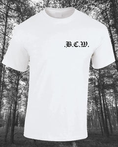 .b.c.w. pocket print tee white