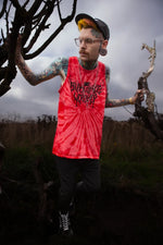 £6.66 intro offer!! - unholy death metal print vest in fire inferno tie dye red