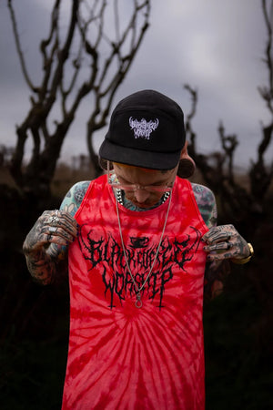 £6.66 intro offer!! - unholy death metal print vest in fire inferno tie dye red